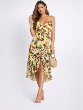 GUESS Yellow Floral Chiffon Ruffle Midi Dress V-Neck Strappy Sleeveless Size S